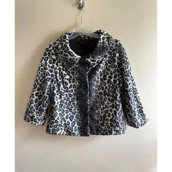 Rafaella Animal Print Fax Fur Coat Womens L Gray Short Length Button Front Lined - Picture 1 of 10